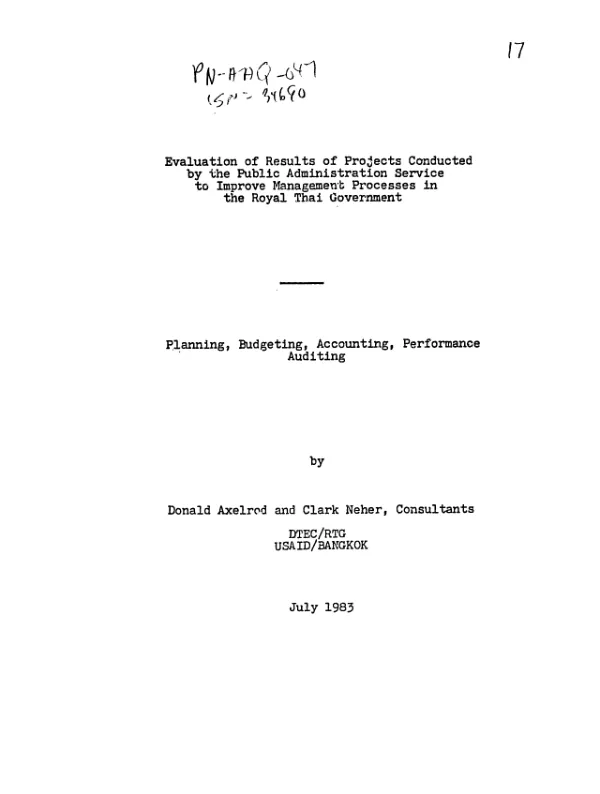 Evaluation of results of projects conducted by the Public Administration Service to improve management processes in the Royal Thai Government : planning, budgeting, accounting, performance auditing