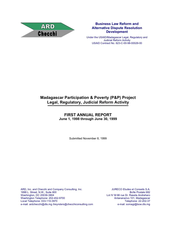 Madagascar participation & poverty (P&P) project : legal, regulatory, judicial reform activity -- commercial law reform and alternative dispute resolution components : first annual report, June 1, 1998 through June 30, 1999