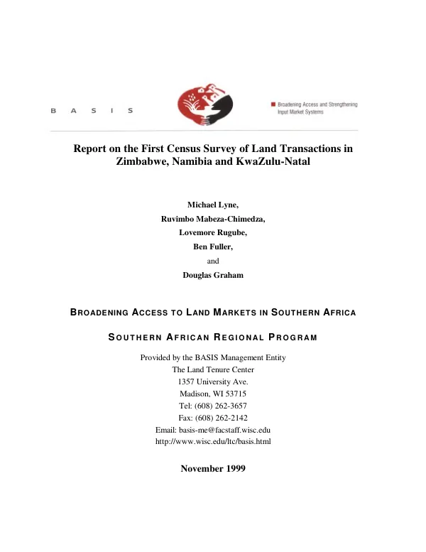 Report on the first census survey of land transactions in Zimbabwe, Namibia and KwaZulu-Natal[, South Africa]