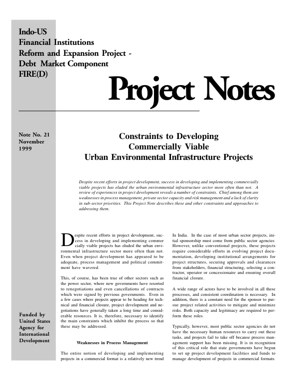 Constraints to developing commercially viable urban environmental infrastructure projects