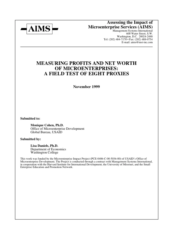 Measuring profits and net worth of microenterprises : a field test of eight proxies