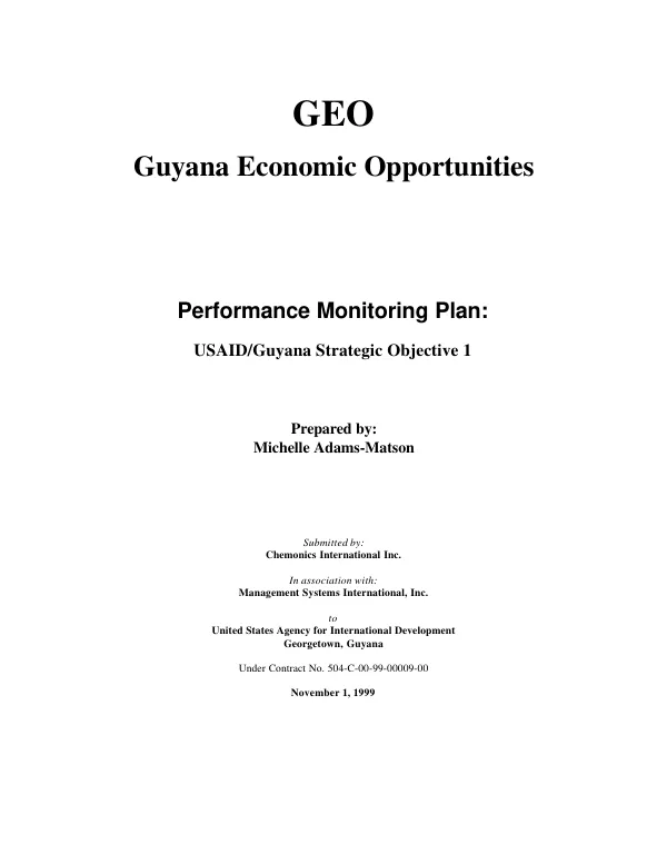Guyana economic opportunities (GEO) : performance monitoring plan -- USAID/Guyana strategic objective 1
