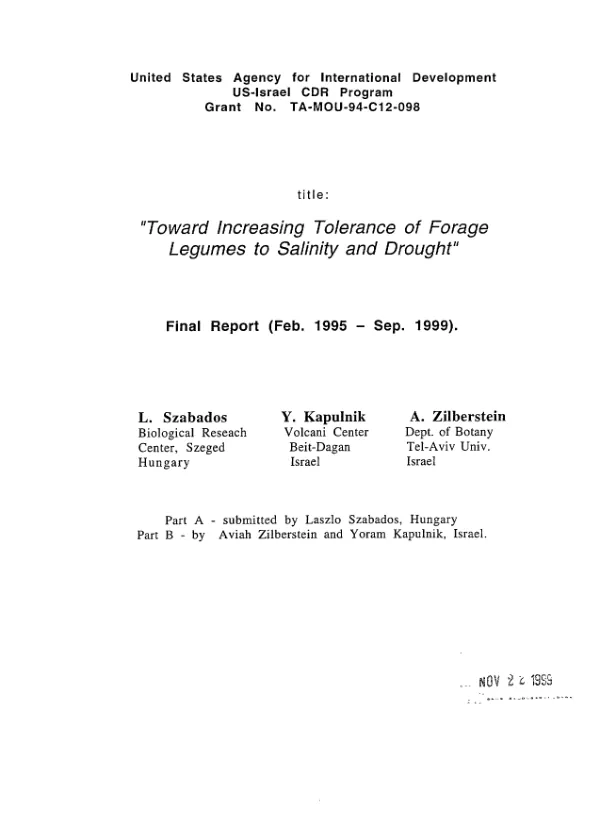 Toward increasing tolerance of forage legumes to salinity and drought : final report (Feb. 1995-Sep. 1999)