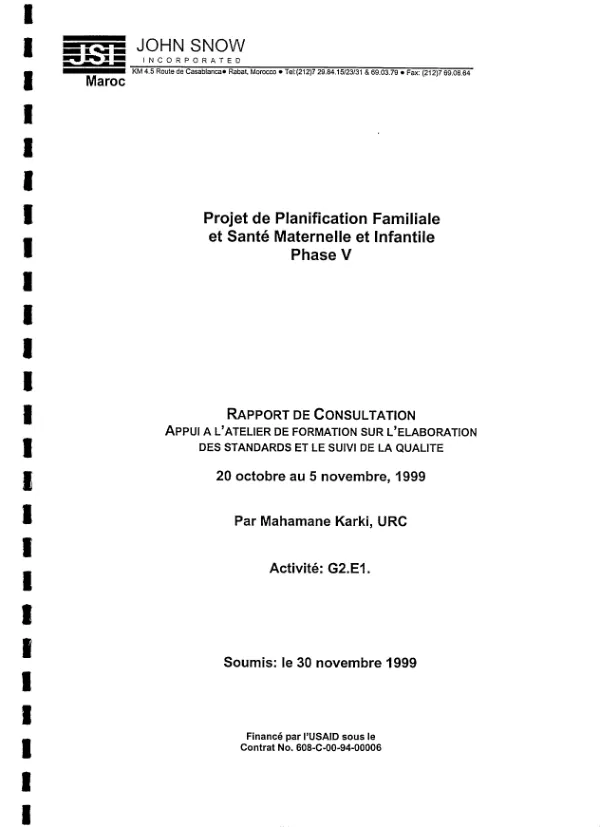 Rapport de consultation : appui a l"atelier de formation sur l"elaboration des standards et le suivi de la qualite, 20 octobre au 5 novembre 1999