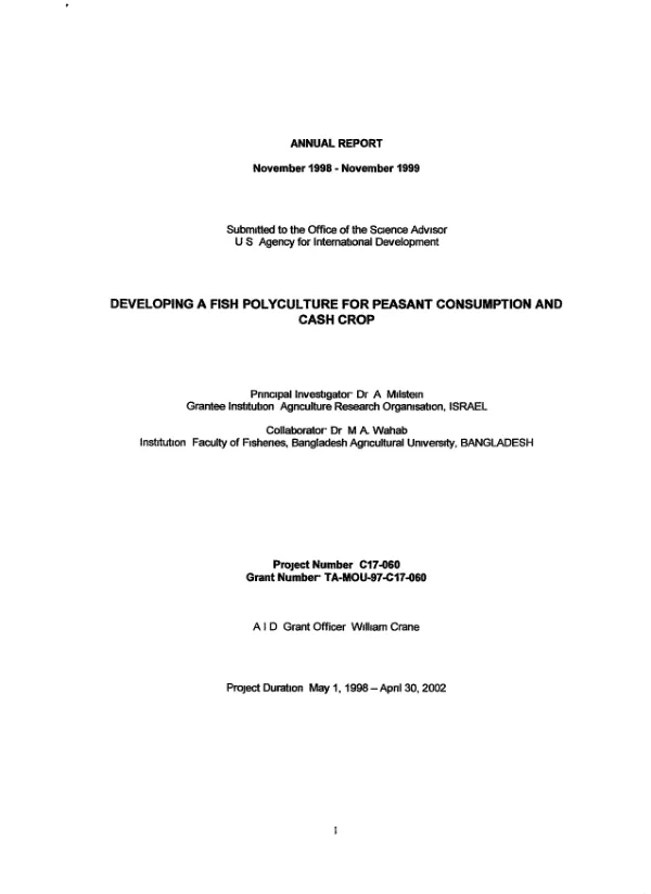 Annual report, November 1998-November 1999 : developing a fish polyculture for peasant consumption and cash crop