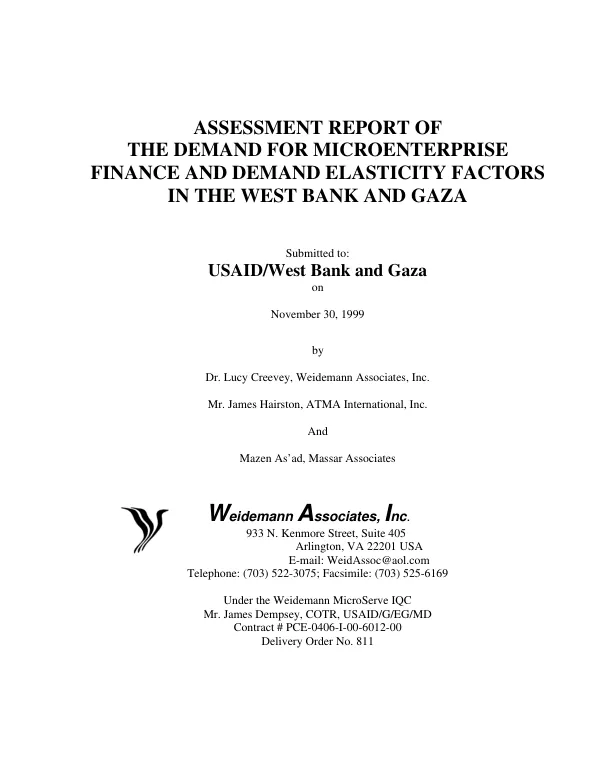 Assessment report of the demand for microenterprise finance and demand elasticity factors in the West Bank and Gaza