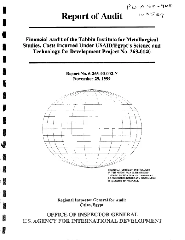 Financial audit of the Tabbin Institute for Metallurigical Studies, costs incurred under USAID/Egypt"s science and technology for development project no. 263-0140