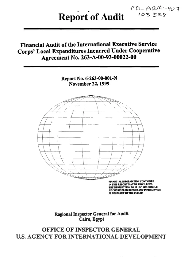 Financial audit of the International Executive Service Corps" local expenditure incurred under cooperative agreement no. 263-A-00-93-00022-00