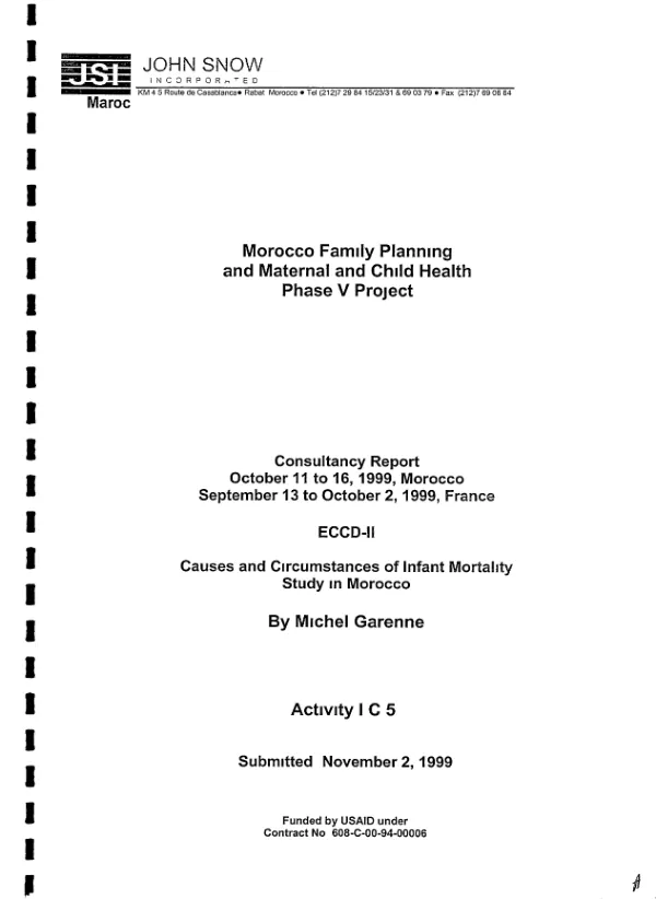 Consultancy report, October 11 to 16, 1999, Morocco [and] September 13 to October 2, 1999, France : ECCD-II [etude nationale sur les causes et les circonstances des deces infanto-juveniles] -- causes and circumstances of infant mortality : study in Morocco