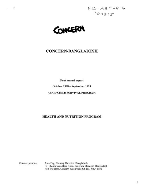 Concern-Bangladesh : first annual report, October 1998-September 1999 -- USAID child survival program : health and nutrition program