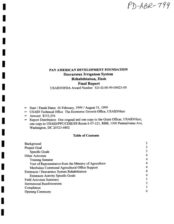 Desvarieux irrigation system rehabilitation : Haiti, final report, USAID/OFDA award no. 521-G-00-99-00023-00