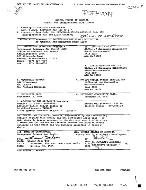 Contract, task order no. OUT-HRN-I-802-98-00033-00 delivery order 802 with Management Sciences for Health (MSH)