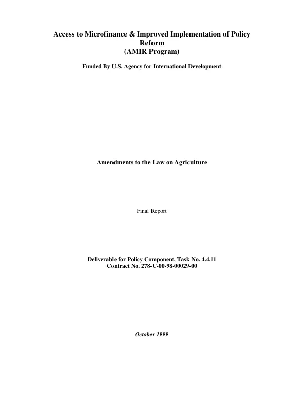 Amendments to the law on agriculture : final report