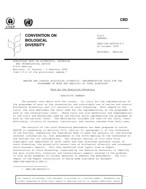 Marine and coastal biological diversity : implementation tools for the programme of work and analysis of coral bleaching