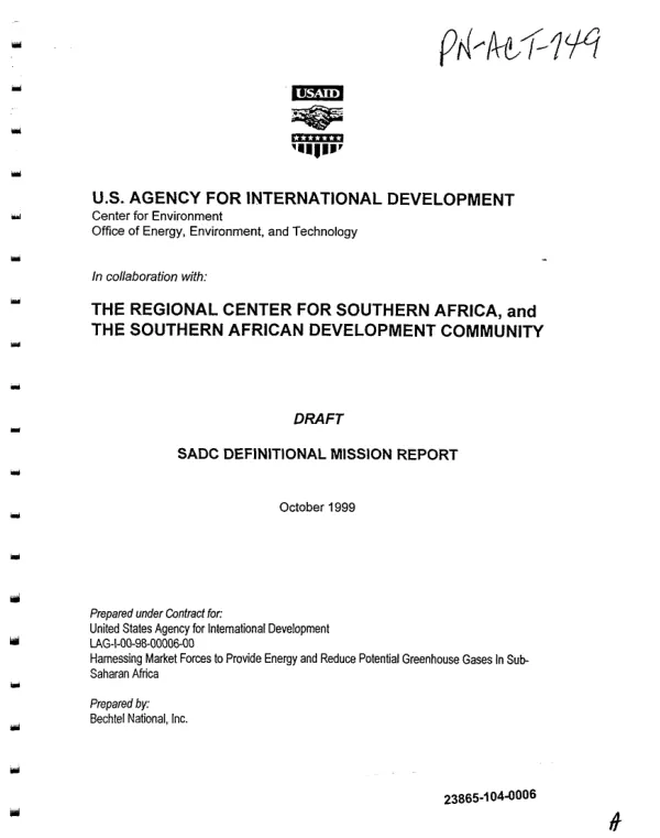 SADC (Southern African Development Community) definitional mission report