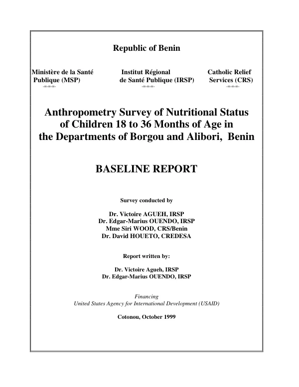 Anthropometry survey of nutritional status of children 18 to 36 months of age in the Departments of Borgou and Alibori, Benin : baseline report