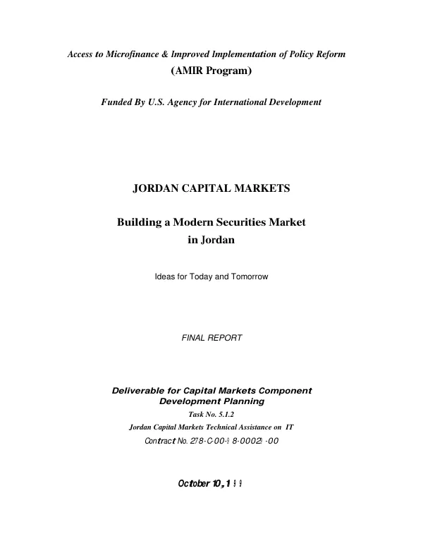 Jordan capital markets : building a modern securities market in Jordan -- ideas for today and tomorrow : final report