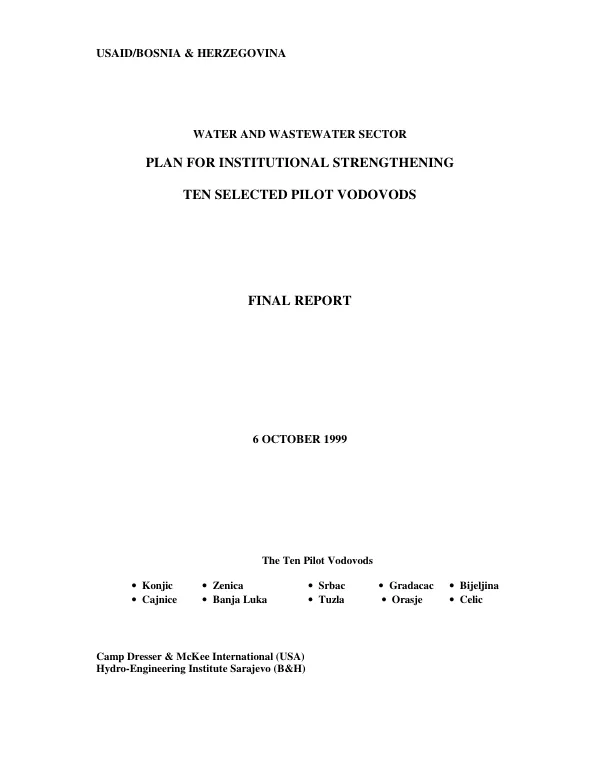 Water and wastewater sector plan for institutional strengthening [in] ten selected pilot vodovods : final report