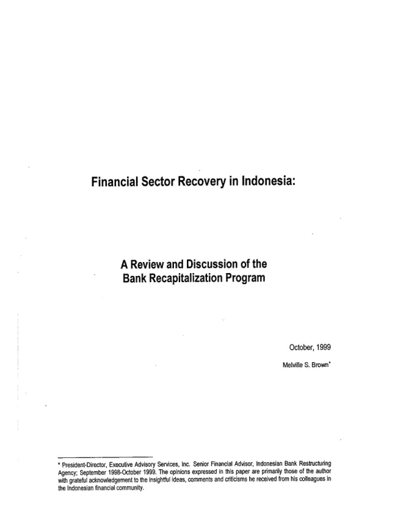 Financial sector recovery in Indonesia : a review and discussion of the bank recapitalization program