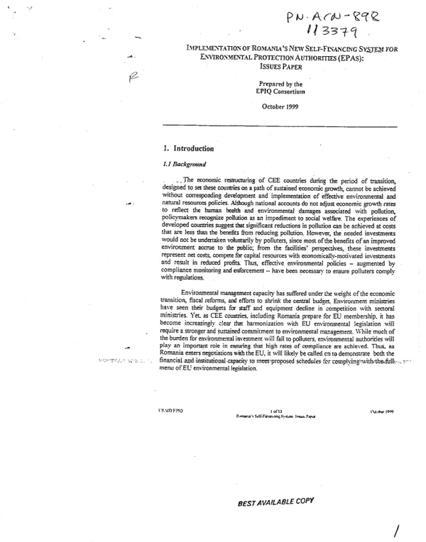 Implementation of Romania"s self-financing system for environmental protection authorities [EPAS] : issues paper