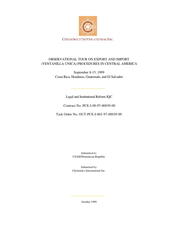 Observational tour on export and import (ventanilla unica) procedures in Central America : September 8-15, 1999 -- Costa Rica, Honduras, Guatemala, and El Salvador