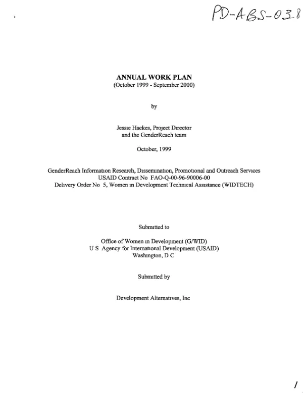 Annual workplan (October 1999-September 2000) : [GenderReach second year workplan]