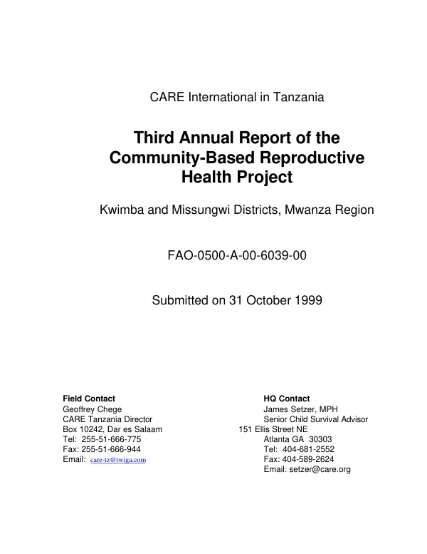 CARE International in Tanzania : third annual report of the community-based reproductive health project -- Kwimba and Missungwi Districts, Mwanza Region : FAO-0500-A-00-6039-00