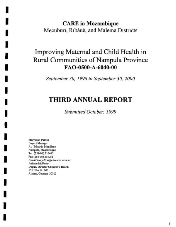 CARE in Mozambique, Mecuburi, Ribaue, and Malema Districts : improving maternal and child health in rural communities of Nampula Province -- FAO-0500-A-6040-00 [i.e. FAO-0500-A-00-6040-00] : third annual report