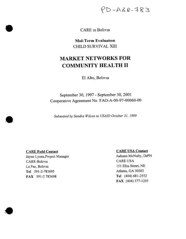 Mid-term evaluation child survival XIII : market networks for community health II, El Alto, Bolivia -- September 30, 1997-September 30, 2001 : cooperative agreement no. FAO-A-00-97-00060-00