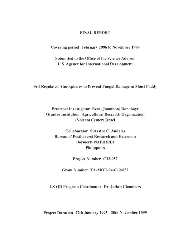 Final report : self regulated atmospheres to prevent fungal damage in moist paddy experiences