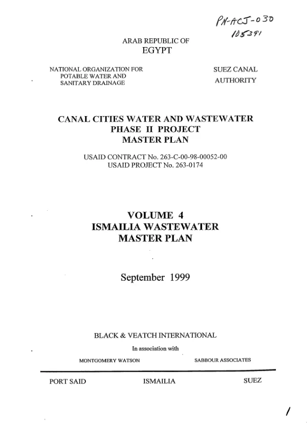 Canal cities water and wastewater phase II project master plan : volume 4 -- Ismailia wastewater master plan
