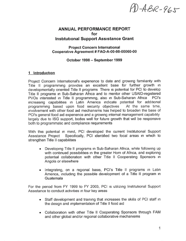 Annual performance report for institutional support assistance grant : cooperative agreement no. FAO-A-00-98-00060-00, October 1998-September 1999