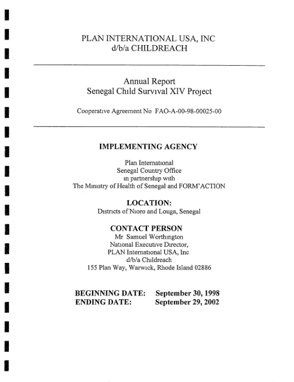 Annual report : Senegal child survival XIV project -- cooperative agreement no. FAO-A-00-98-00025-00 : districts of Nioro and Louga, Senegal
