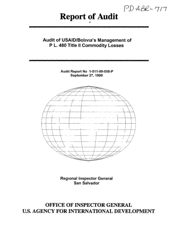 Audit of USAID/Bolivia"s management of PL 480 Title II commodity losses