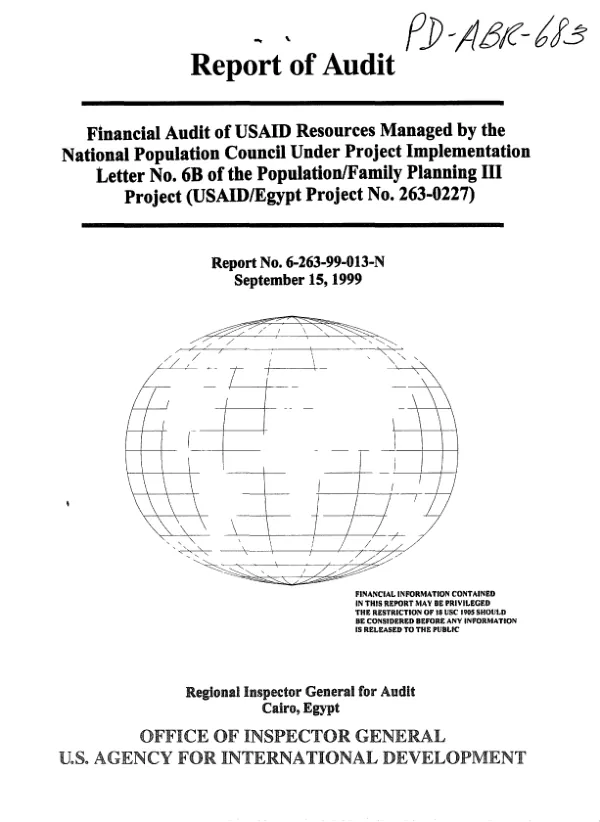 Financial audit of USAID resources managed by the National Population Council under project implementation letter no. 6B of the population/family planning III project (USAID/Egypt project no. 263-0227)