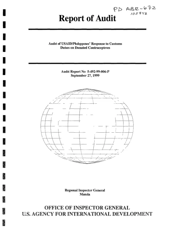 Audit of USAID/Philippines" response to customs duties on donated contraceptives