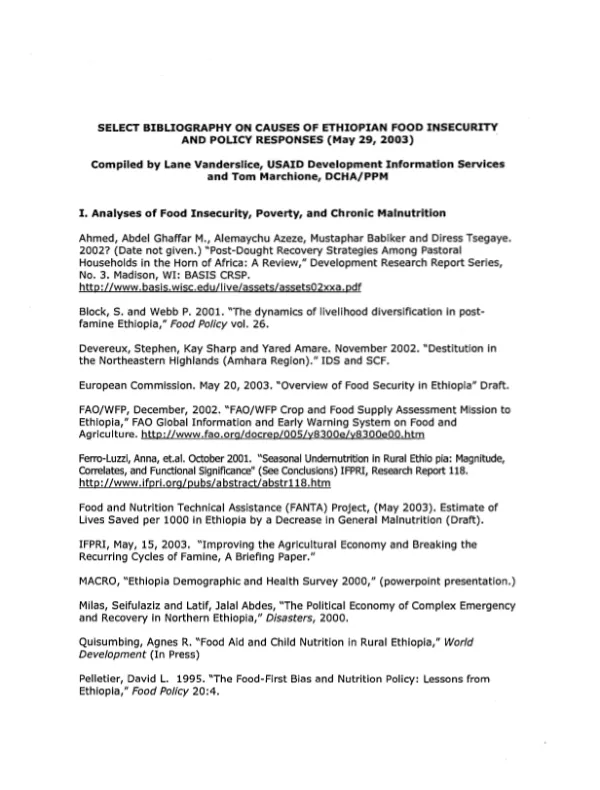 Selected bibiliography on causes of Ethiopian food insecurity and policy responses