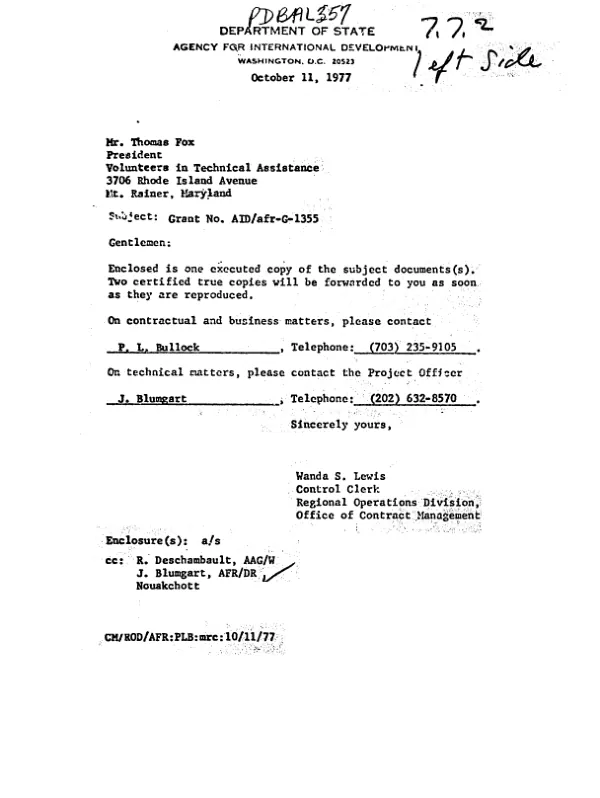 Grant agreement between the Agency for International Development and Volunteers in Technical Assistance to investigate the feasibility of a demonstration program of alternative energy systems in Selibaby, Mauritania