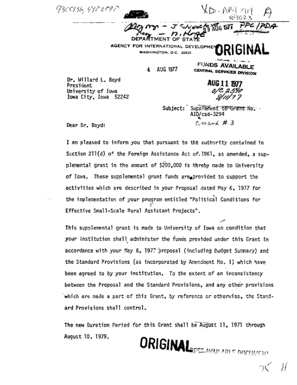 AID amendment no. 3 of grant no. AID/csd-3294 to the University of Iowa in support of the program entitled `political conditions for effective small-scale rural assistant [i.e. assistance] projects"