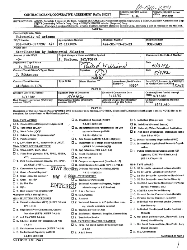 AID contract no. AID/PHA-C-1176 with the University of Arizona for research on sterilization by endometrial ablation