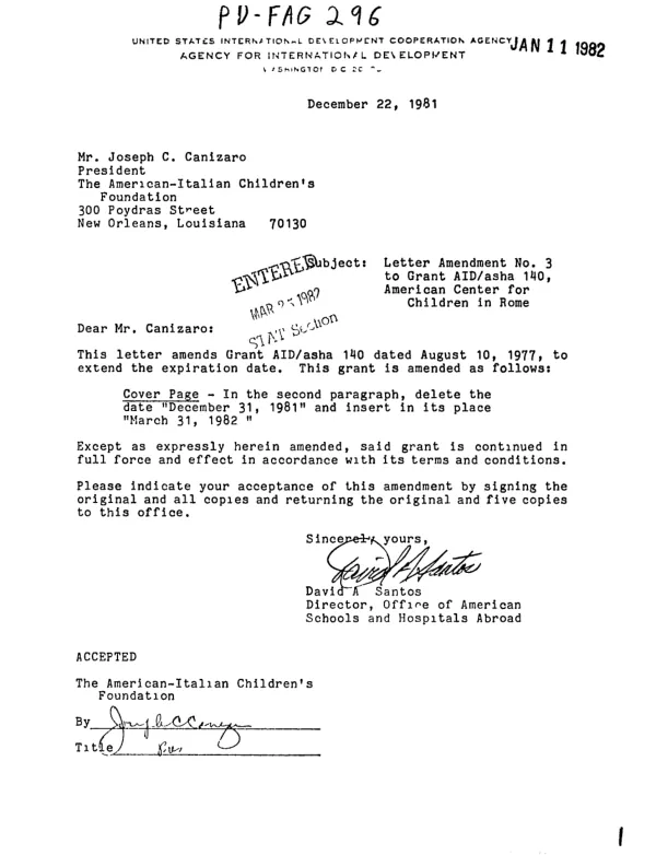 Grant by the United States of America to the American - Italian Children"s Foundation for American Center for Children, Rome, Italy