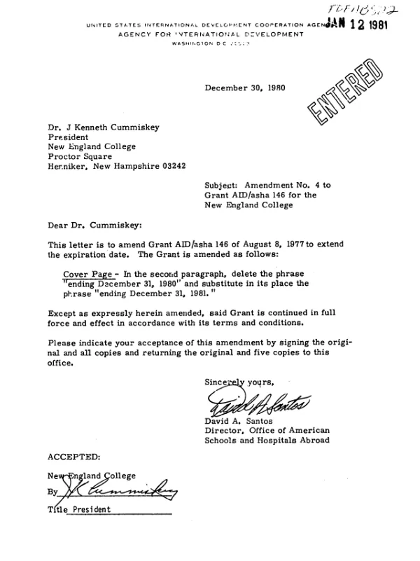 Grant by the United States of America to New England College, Henniker, New Hampshire for New England College, Arundel, England