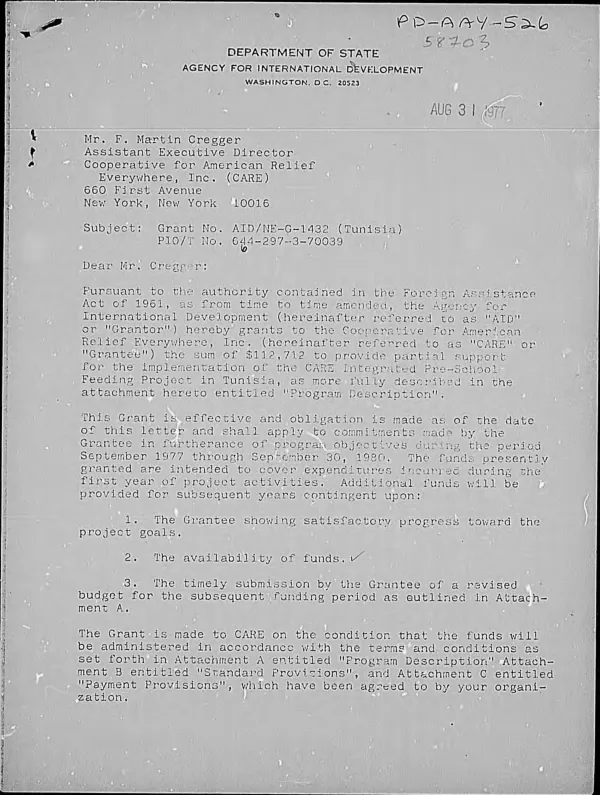 AID grant to the Cooperative for American Relief Everywhere, Inc. for the pre-school feeding project in Tunisia, grant no. AID/NE-G-1432