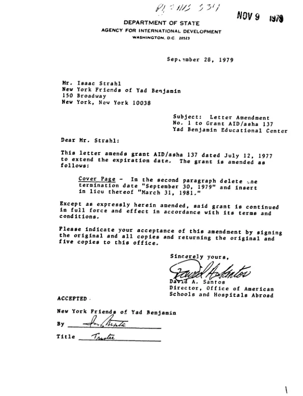 Grant by the United States of America to New York Friends of Yad Benjamin for Yad Benjamin Educational Center, Israel