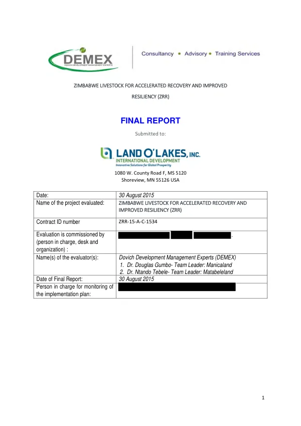 Zimbabwe livestock for accelerated recovery and improved resiliency (ZRR) : [evaluation] final report