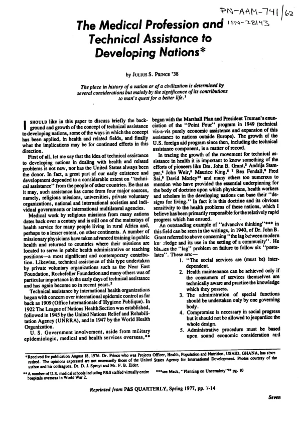 Medical profession and technical assistance to developing nations