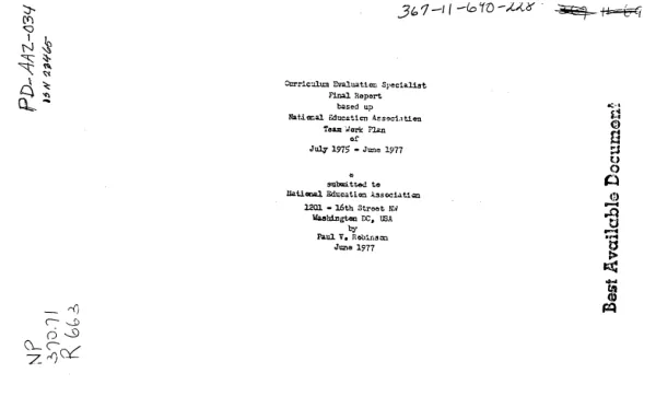 Curriculum evaluation specialist final report based on National Education Association team work plan of July 1975-July 1977