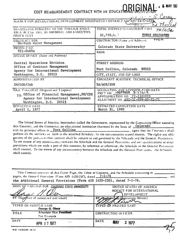 AID contract for on-farm water management to Colorado State University