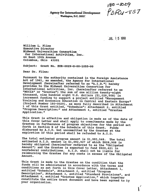 AID grant no. EUR-0029-G-00-1055-00 to the Midwest Universities Consortium for International Activities, Inc. for support under the management training and economics education program