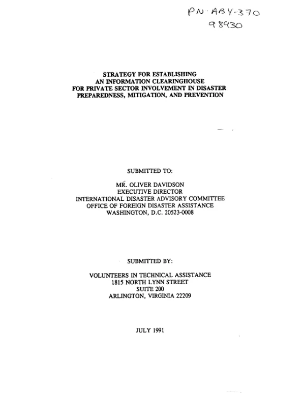 Strategy for establishing an information clearinghouse for private sector involvement in disaster preparedness, mitigation, and prevention